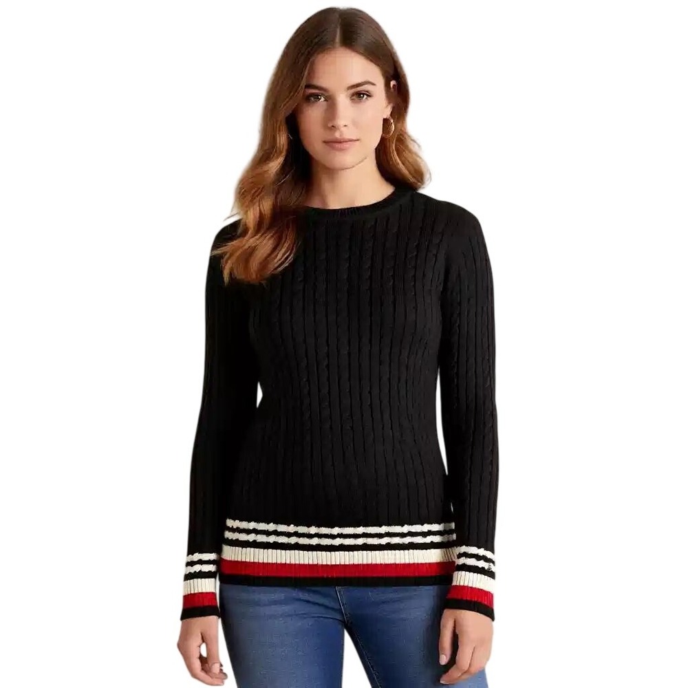 Tommy Hilfiger Womens Black Cable Knit Sweater Striped Hem Cuffs Cotton L NWT